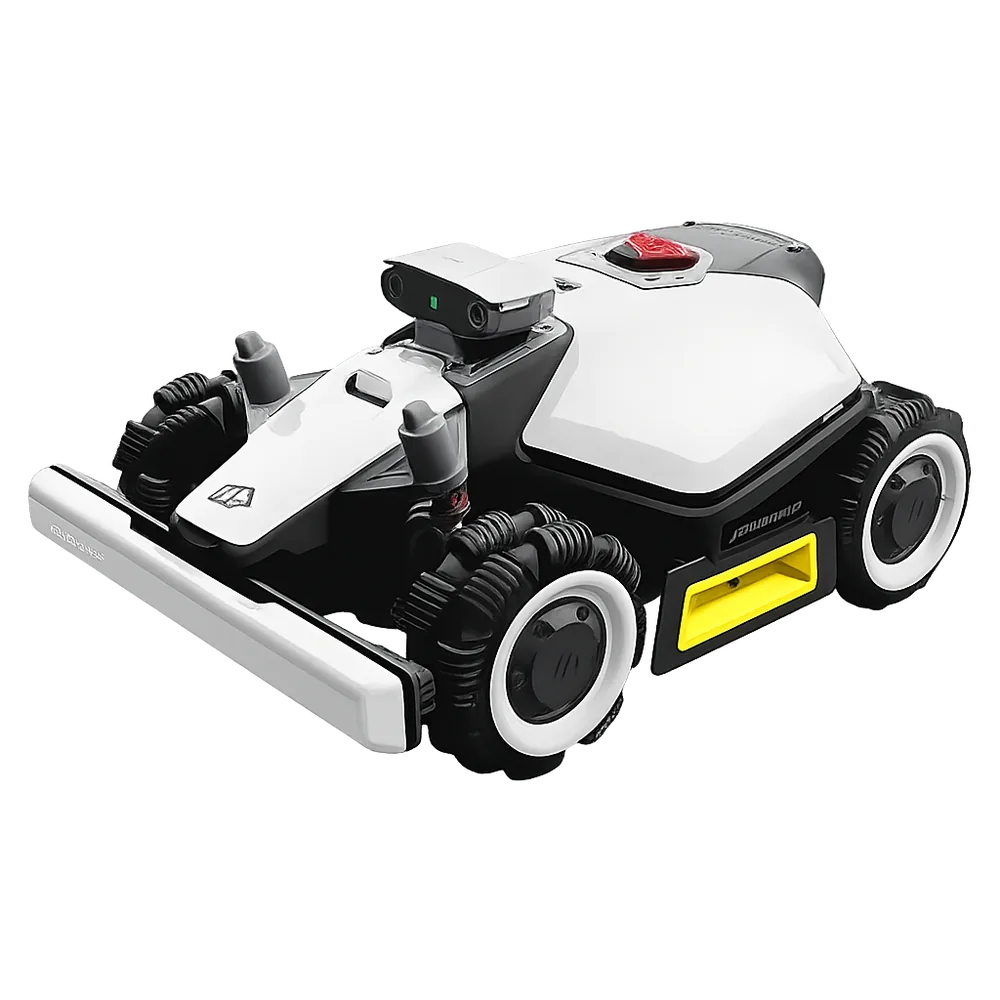 Mähroboter auf einer Rasenfläche vor einem modernen Haus